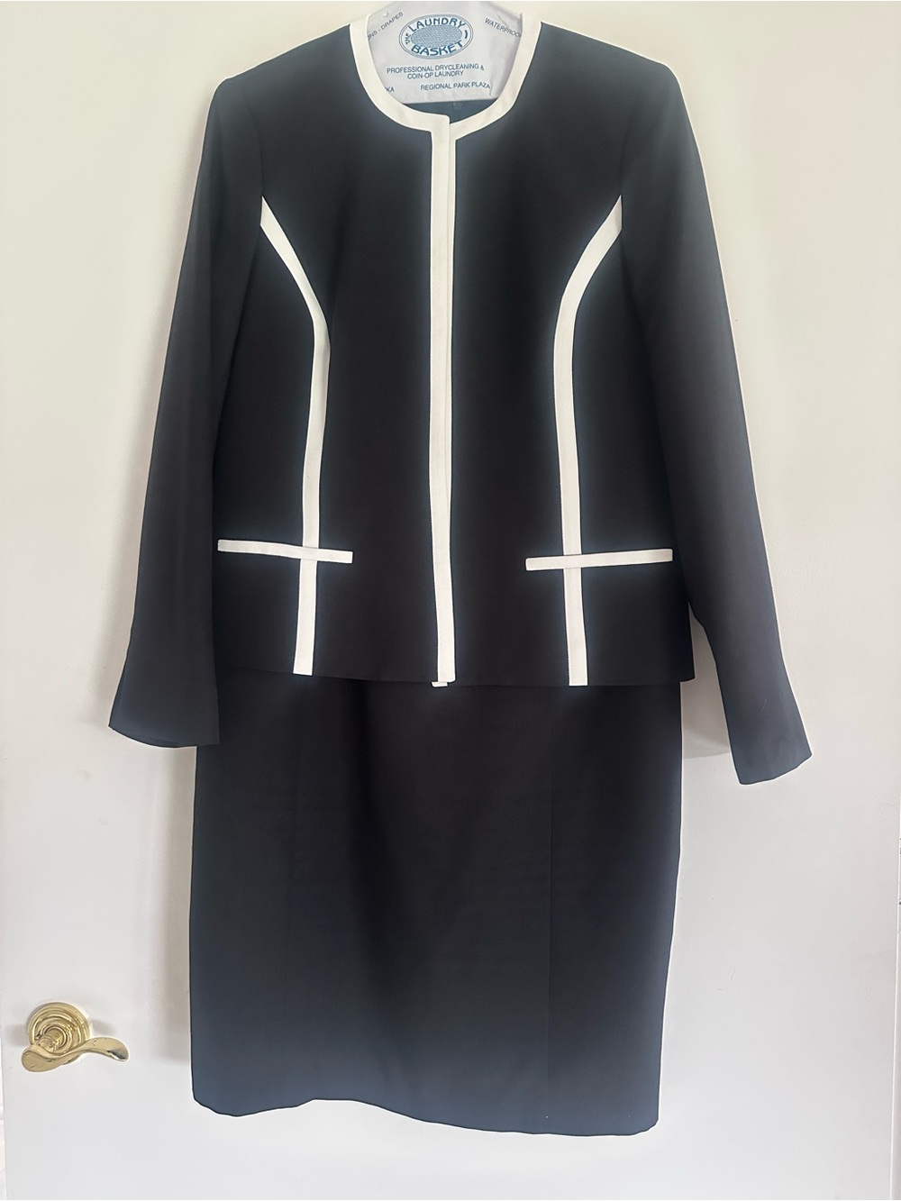 Black Label Black Blazer with White Trim and matching Black Sheath Dress